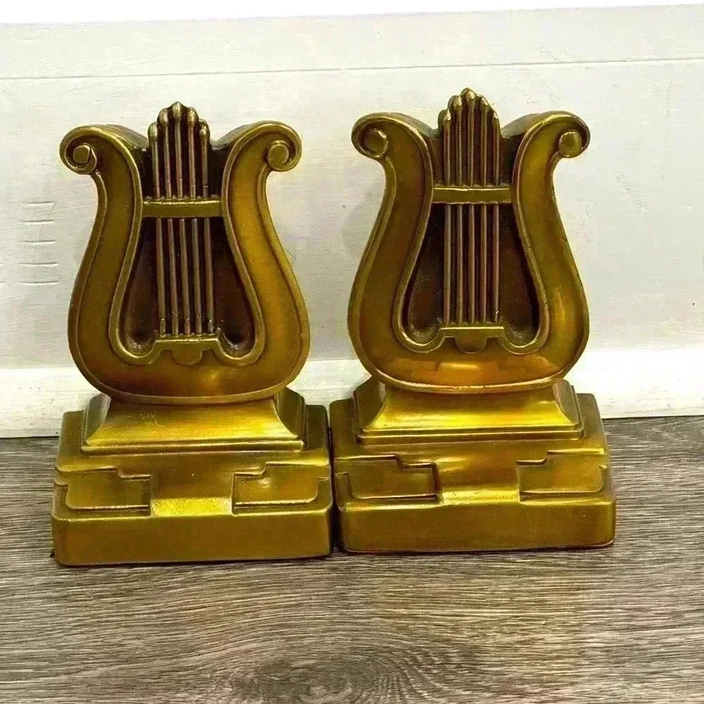 Vintage Brass Art Deco Harp Bookends~PMC~Philadelphia Manuf Co~Mid Century~5.5"